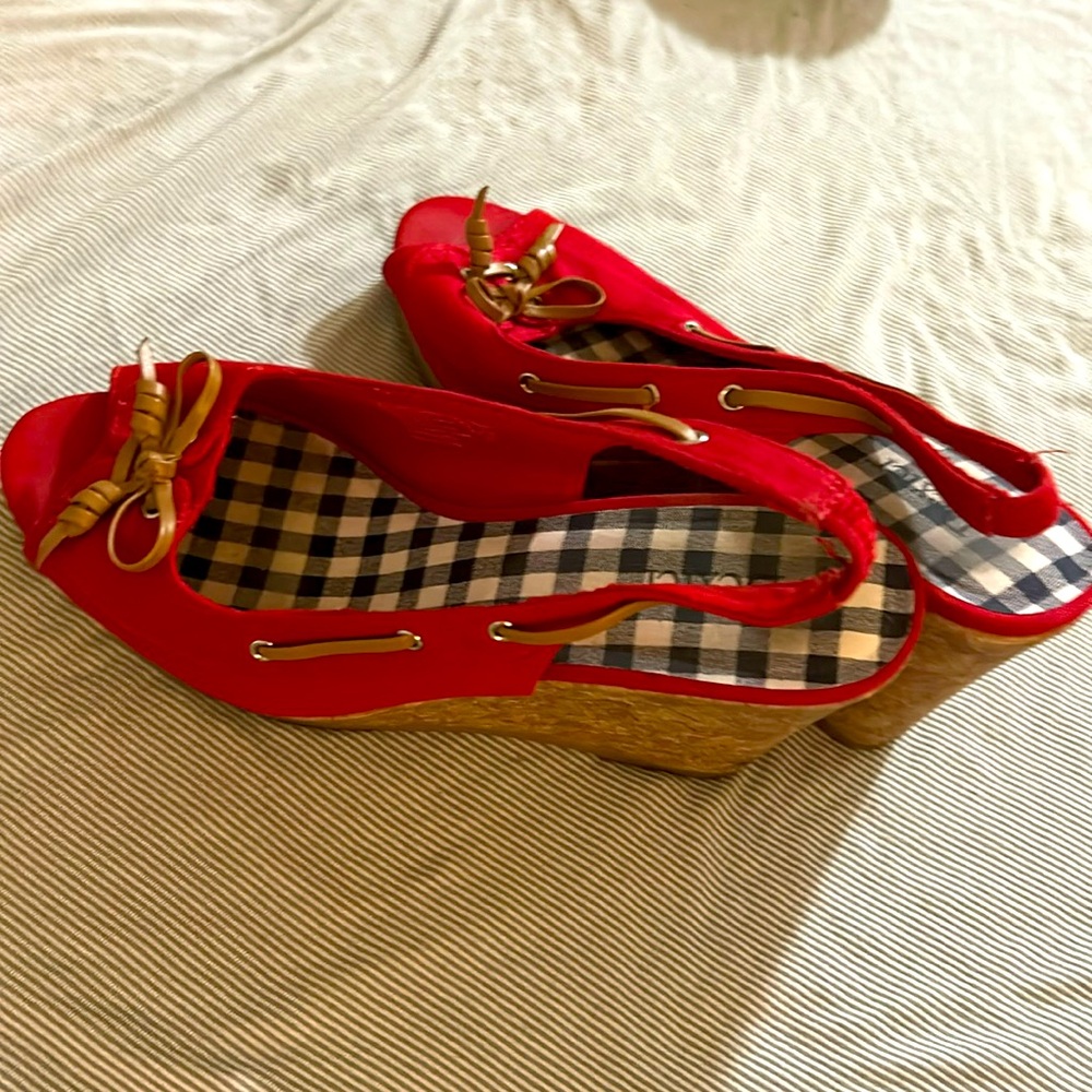 Lightly worn, summer, cork wedge peep toe. Picnic sandal.